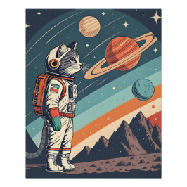 Retro Cat Astronaut Cosmic Space Illustration Perfect Poster