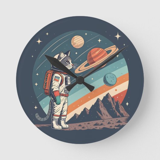 Retro Cat Astronaut Cosmic Space Illustration Ronde Klok (Voorkant)