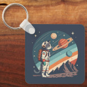 Retro Cat Astronaut Cosmic Space Illustration Sleutelhanger (Voorkant)
