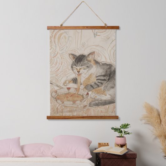 Retro Cat Eating Ramen Hangend Wandkleed (Slaapkamer)