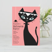 Retro Cat of Frankenstein Halloween Party Invite Kaart (Staand voorkant)