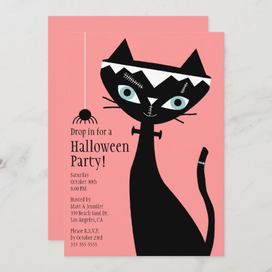 Retro Cat of Frankenstein Halloween Party Invite Kaart (Voorkant / Achterkant)
