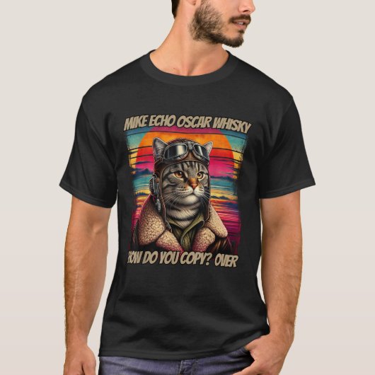 Retro Cat Pilot Mike Echo Oscar Whisky M E O W  fo T-shirt (Voorkant)
