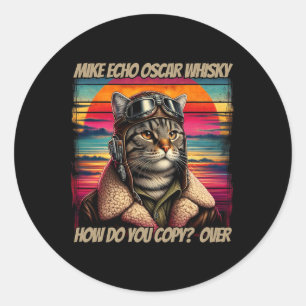 Retro Cat Pilot Mike Echo Oscar Whisky M.e.o.w Ronde Sticker