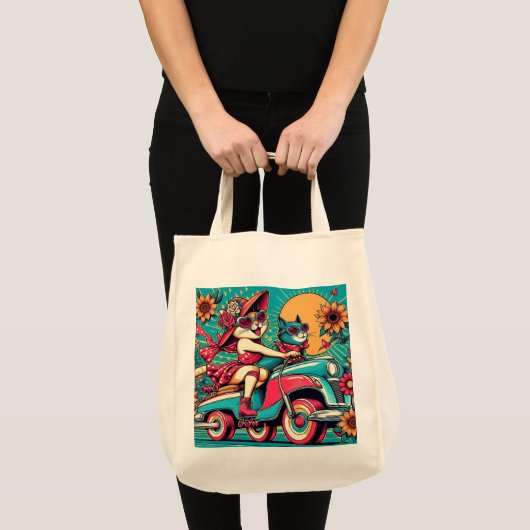 Retro Cat rijden Tote Bag (Voorkant (product))