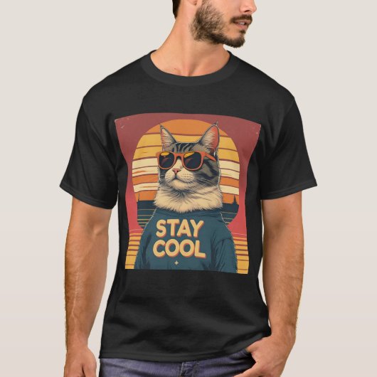 Retro Cat "Stay Cool" T-shirt – zonsondergang (Voorkant)