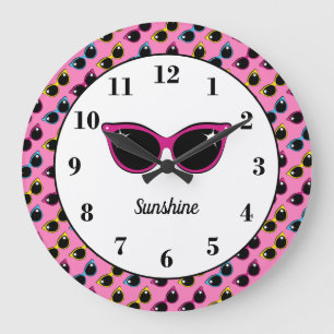 Retro Cat Sunbril Pattern Pink Persoonlijk Grote Klok