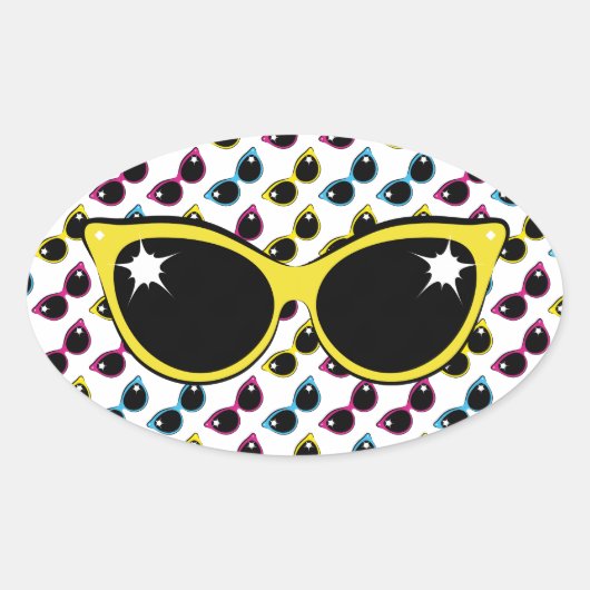 Retro Cat Sunglazen Patroon met Geel Ovale Sticker (Voorkant)
