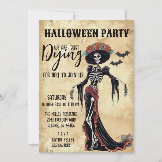 Retro  Catrina Skeleton Halloween Party Kaart (Voorkant)
