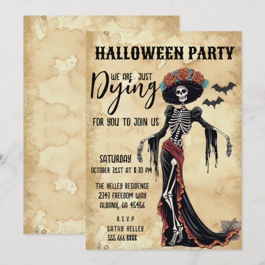 Retro Catrina Skeleton Uitnodigen - Halloween Part Kaart (Voorkant / Achterkant)