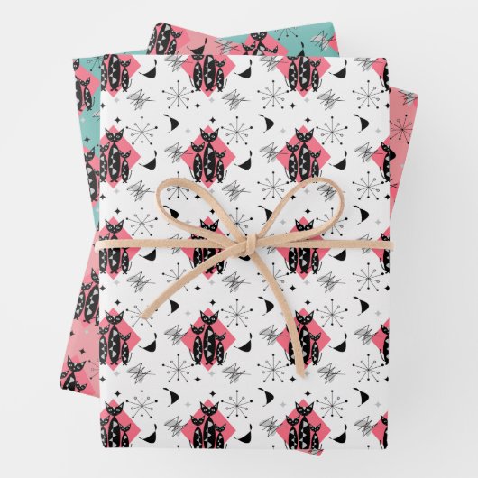 Retro Cats Atomic Starburst Moderne Middeleeuw Inpakpapier Vel (In situ)