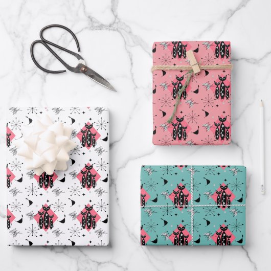 Retro Cats Atomic Starburst Moderne Middeleeuw Inpakpapier Vel (Voorkant)