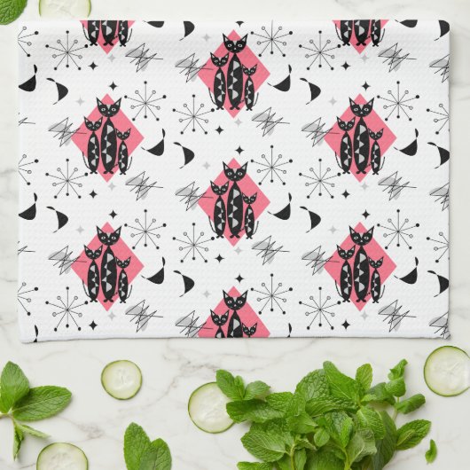 Retro Cats Atomic Starburst Moderne Middeleeuw Theedoek (Gevouwen)