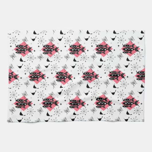 Retro Cats Atomic Starburst Moderne Middeleeuw Theedoek (Horizontaal)