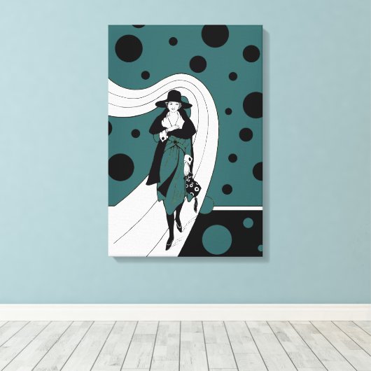 Retro Catwalk Model, Vintage Art Deco Mode Canvas Afdruk (Insitu (Houten vloer))