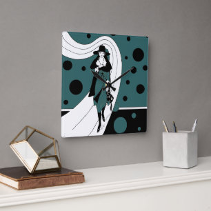 Retro Catwalkmodel, Vintage Art Deco Mode Vierkante Klok