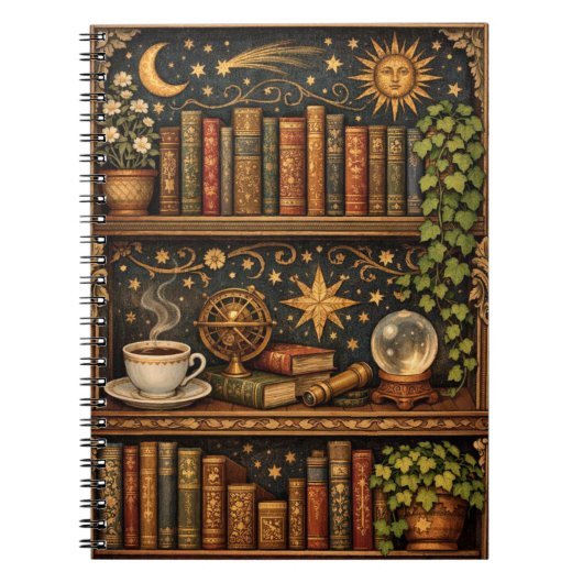 Retro celestial bookshelf book coffee lover notitieboek (Voorkant)