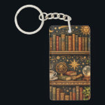 Retro celestial bookshelf book coffee lover sleutelhanger<br><div class="desc">A cozy retro-inspired design featuring a charming celestial bookshelf filled with vintage books,  delicate botanical accents,  cosmic design elements and a comforting cup of tea or coffee.</div>
