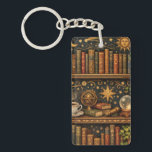 Retro celestial bookshelf book coffee lover sleutelhanger<br><div class="desc">A cozy retro-inspired design featuring a charming celestial bookshelf filled with vintage books, delicate botanical accents, cosmic design elements and a comforting cup of tea or coffee.</div>