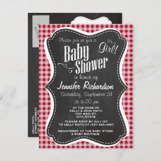 Retro Chalkboard; Carmine Red Gingham; gebarsten Uitnodiging Briefkaart (Voorkant / Achterkant)