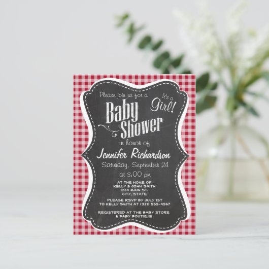 Retro Chalkboard; Carmine Red Gingham; gebarsten Uitnodiging Briefkaart (Staand voorkant)