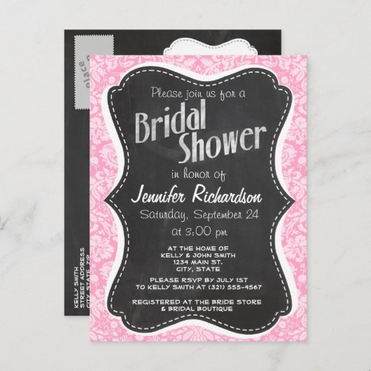 Retro Chalkboard Carnroze Damask Patroon Uitnodiging Briefkaart (Voorkant / Achterkant)