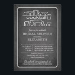 Retro Chalkboard Cocktail Party Vrijgezellenfeest Kaart<br><div class="desc">Begin je stijlvolle kakkercocktail-paren meteen met onze moderne drinken die een brutale douche uitnodigen.  Onze bruiddoucheuitnodiging is voorzien van een uniek retro-neoncocktail party-teken op een hedendaagse zwarte achtergrond.  Draai de uitnodiging om een trendy en stijlvolle matching back te vinden.</div>