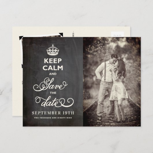 Retro Chalkboard houdt kalm en bespaart de datum g Aankondigingskaart (Voorkant / Achterkant)