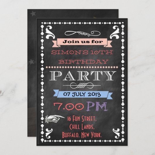 Retro Chalkboard Kinder slaappover Birthday Party Kaart (Voorkant / Achterkant)