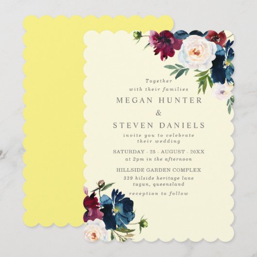 Retro Champagne Burgundy Floral Wedding Kaart (Voorkant / Achterkant)