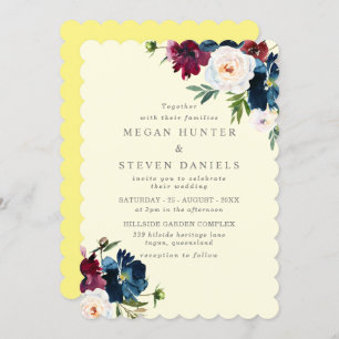 Retro Champagne Burgundy Floral Wedding Kaart