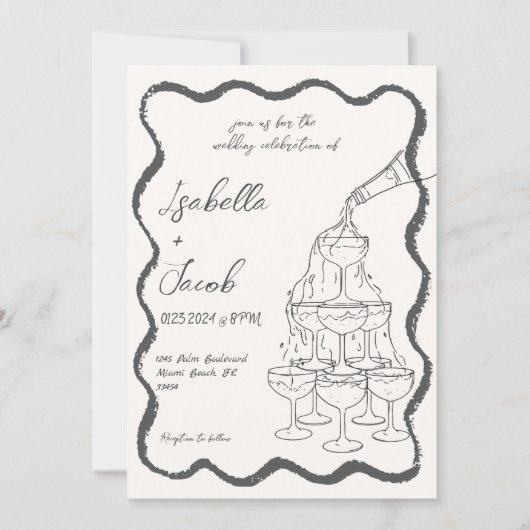 Retro Champagne Tower Wavy Hand getrokken bruiloft Kaart (Voorkant)