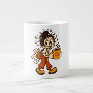 Retro chaotisch kantoormeisje met koffiesticker grote koffiekop