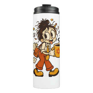 Retro chaotisch kantoormeisje met koffiesticker thermosbeker
