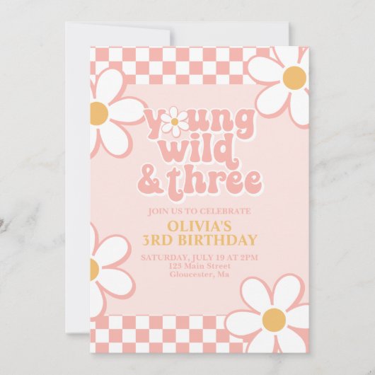 Retro Check Young Wild Drie Roze Daisy Kaart (Voorkant)