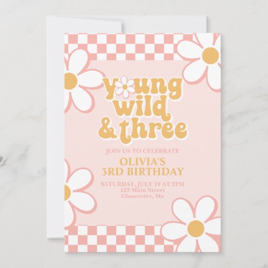 Retro Check Young Wild Drie Roze Daisy Kaart (Voorkant)