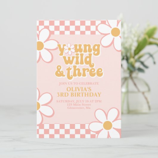 Retro Check Young Wild Drie Roze Daisy Kaart (Staand voorkant)
