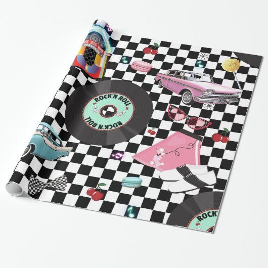 Retro Checker 50's Fifties Thema Verjaardagsfeest Cadeaupapier (Uitgerold)