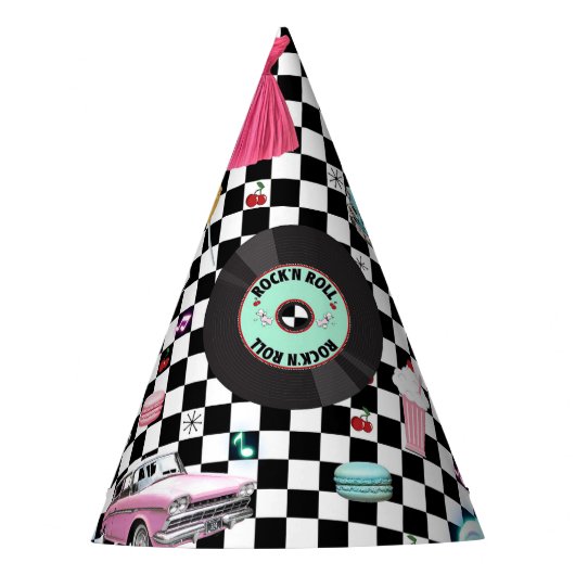 Retro Checker 50's Fifties Thema Verjaardagsfeest Feesthoedjes (Voorkant)