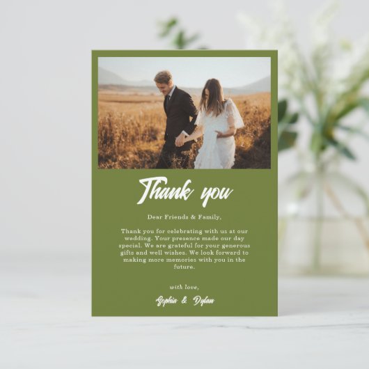 Retro Checker Olive green Minimalist Wedding Bedankkaart (Staand voorkant)