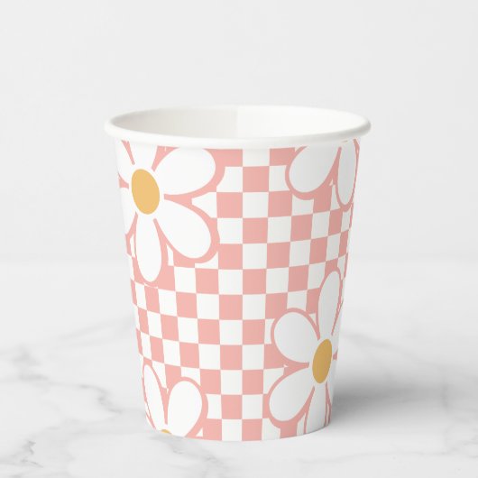 Retro Checker Roze Daisy verjaardag Papieren Bekers (Links)