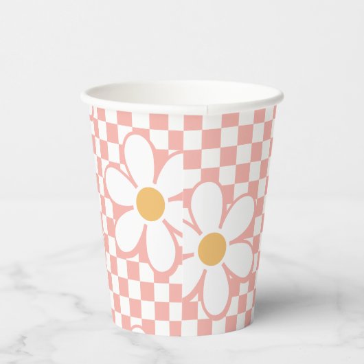 Retro Checker Roze Daisy verjaardag Papieren Bekers (Rechts)