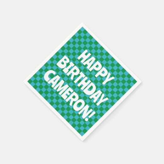 Retro Checkerboard Blauw Groen Aangepaste Verjaard Servet (Hoek)