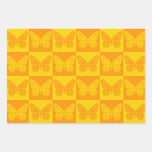 Retro Checkerboard Butterfly Pattern Yellow Oranje Inpakpapier Vel (Voorkant 2)