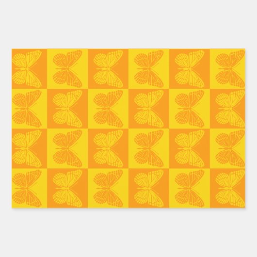 Retro Checkerboard Butterfly Pattern Yellow Oranje Inpakpapier Vel (Voorkant)