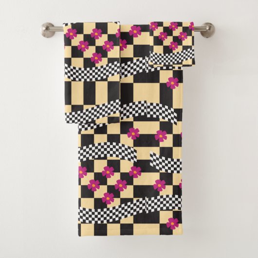 Retro Checkerboard Design met bloemen Bad Handdoek (Insitu)