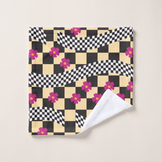 Retro Checkerboard Design met bloemen Bad Handdoek (Wasdoekje)