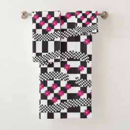 Retro Checkerboard Design met bloemen Bad Handdoek
