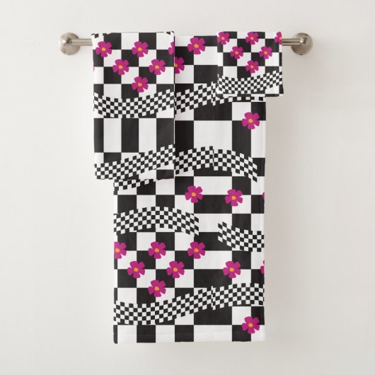 Retro Checkerboard Design met bloemen Bad Handdoek (Insitu)