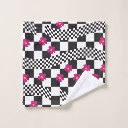 Retro Checkerboard Design met bloemen Bad Handdoek (Wasdoekje)